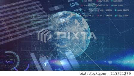 Digital composite of global financial network with graphs and data on a rotating globe. Digital composite of global financial network with graphs and data on a rotating globe. 115721279
