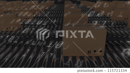 Image of binary coding numbers changing over cardboard boxes on conveyor belts 115721334
