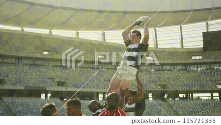 Image of colourful squares over male rugby players at stadium Image of colourful squares over male rugby players at stadium 115721335