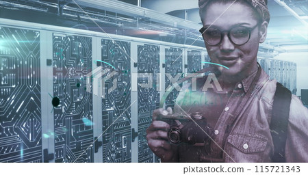 Digital composite of woman, math, and networks symbolizes global digital connectivity. Digital composite of woman, math, and networks symbolizes global digital connectivity. 115721343