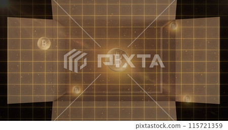 Image of gold bitcoins over grid and opening and closing cardboard box 115721359