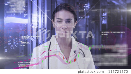 Image of graphs, moving lights and data on digital interface over portrait of biracial female doct Image of graphs, moving lights and data on digital interface over portrait of biracial female doct 115721370