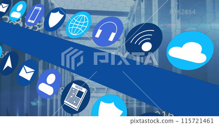 Image of media icons over server room Image of media icons over server room 115721461