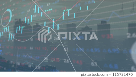 Image of financial graphs and data over cityscape 115721470