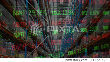 Image of stock market and financial data processing over empty warehouse Image of stock market and financial data processing over empty warehouse 115721525