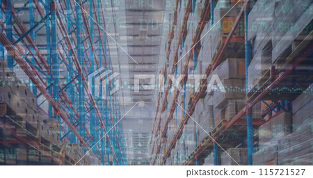Image of financial data processing over empty warehouse 115721527