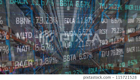 Image of stock market and financial data processing over empty warehouse 115721528