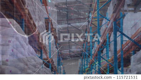 Image of financial data processing over empty warehouse Image of financial data processing over empty warehouse 115721531