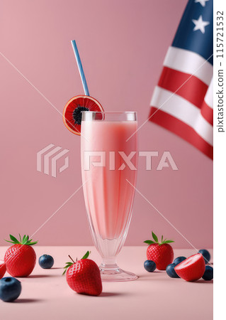 Happy Independence Day, summer fruit drink and USA flag on a pink background. 115721532