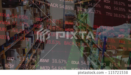 Image of stock market and financial data processing over empty warehouse Image of stock market and financial data processing over empty warehouse 115721538