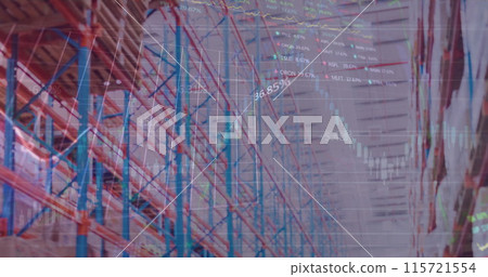 Image of financial data processing over empty warehouse Image of financial data processing over empty warehouse 115721554