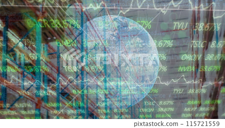 Image of stock market and globe over empty warehouse 115721559