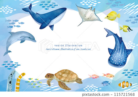 Vector illustration frame of dolphins swimming in the summer sea 115721568