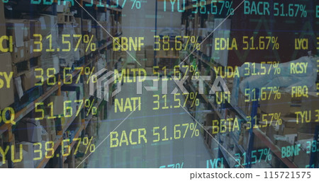 Image of stock market and financial data processing over empty warehouse Image of stock market and financial data processing over empty warehouse 115721575