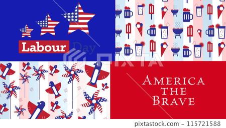 Image of labour day america the brave text over icons coloured with american flag 115721588