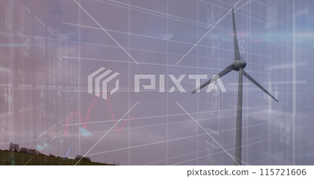 Image of financial data processing over electric windmill Image of financial data processing over electric windmill 115721606