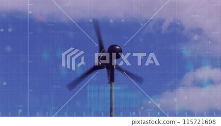 Image of financial data processing over electric windmill Image of financial data processing over electric windmill 115721608