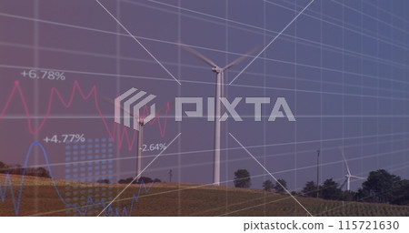Image of financial data processing over wind turbine Image of financial data processing over wind turbine 115721630