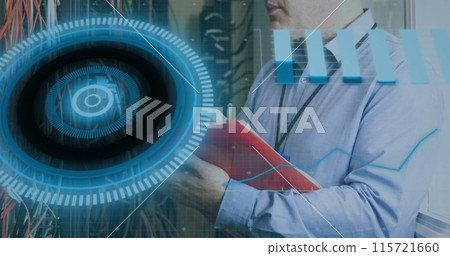 Image of interface with data processing over caucasian male engineer working at server room 115721660