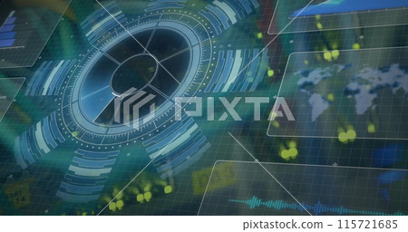Image of interface with data processing and round scanner over close up of a computer server 115721685