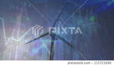 Image of financial data and graph over landscape with wind turbines Image of financial data and graph over landscape with wind turbines 115721690