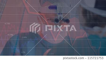 Image of financial data over caucasian male surgeon during operation 115721753