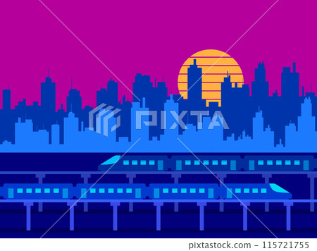 Modern cityscape with trains and skyscrapers. View of the city at sunset with the sun in retro 80s style. Cityscape in the style of cyberpunk, synthwave and retrowave. Vector illustration 115721755