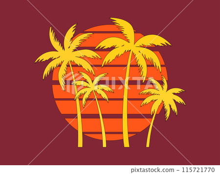 Palm trees at sunset in retro 80s style. Silhouettes of palm trees and the sun with a black outline in the style of retro-futurism, synthwave and retrowave. Tropical palm trees. Vector illustration 115721770