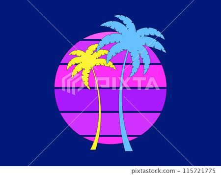 Palm trees at sunset in retro 80s style. Silhouettes of palm trees and the sun with a black outline in the style of retro-futurism, synthwave and retrowave. Tropical palm trees. Vector illustration 115721775