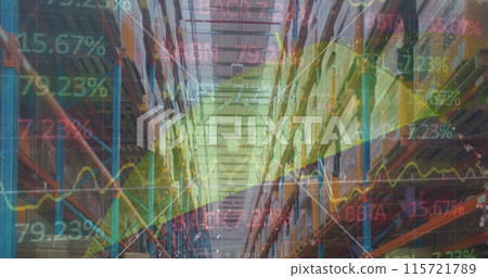Image of stock market and financial data processing over empty warehouse 115721789