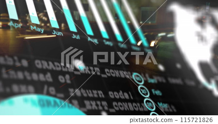 Image of calendar graph, globe and data processing over fast speed traffic on city road at night 115721826