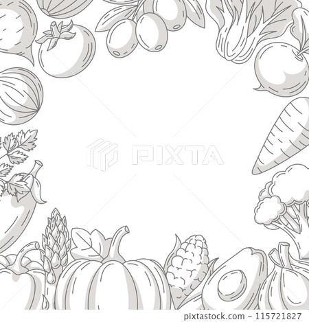 Fresh and healthy farm vegetables, vector monochrome square poster, veggies icons border frame. Space for text, isolated background. For card, poster, menu, cover, social media. Organic vegan food 115721827