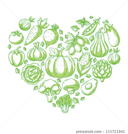 Farm fresh vegetables and greens, heart shape form. Veggies vector line icons, isolated white background. Organic food, natural eco products. Square card for banner, poster, menu, social media, web 115721842