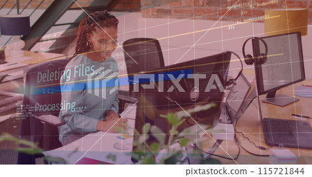 Image of data processing over african american businesswoman in office Image of data processing over african american businesswoman in office 115721844