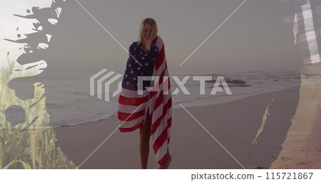 Image of frame over caucasian woman with usa flag dancing on beach 115721867