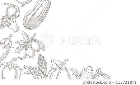 Fresh and healthy farm vegetables, vector minimalist horizontal banner with corner frame of monochrome veggies icons. Copy space, isolated background. Organic, natural food. For poster, menu, flyer Fresh and healthy farm vegetables, vector minimalist horizontal banner with corner frame of monochrome veggies icons. Copy space, isolated background. Organic, natural food. For poster, menu, flyer 115721871