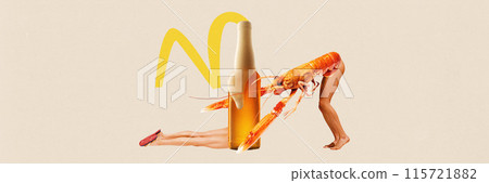 Banner. Contemporary art collage. Woman resting with body made of battle of beer with her friend with body made of lobster. Banner. Contemporary art collage. Woman resting with body made of battle of beer with her friend with body made of lobster. 115721882