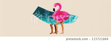 Banner. Contemporary art collage. Pink flamingo pool float and ocean waves with human legs posing against beige background 115721884