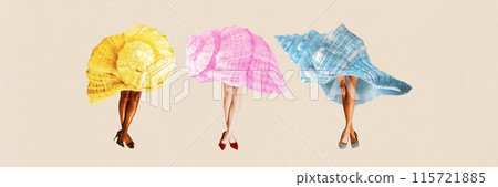 Banner. Contemporary art collage. Three human figures with their upper bodies replaced by large seashells in yellow, pink, and blue. 115721885