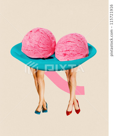 Contemporary art collage. Two friends with plate of ice cream instead of bodies against beige background with abstract lines. 115721916