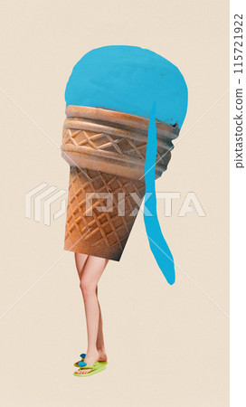 Contemporary art collage. Person with cold, refreshing ice cream instead of body posing against beige background with abstract shapes. 115721922