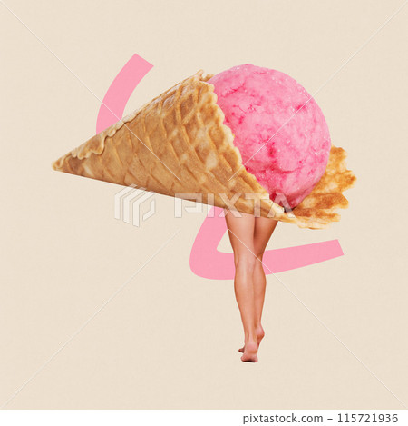 Contemporary art collage. Person with sweet ice cream instead of body posing against beige background with abstract shapes. 115721936