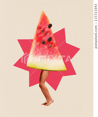 Contemporary art collage. Person with sweet watermelon instead of body posing against beige background with abstract shapes. 115721943