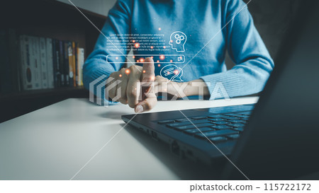 AI technology, Artificial Intelligence, Chatbot Chat and talk with AI, Using laptop for search and find data by command prompt, robot learning machine create or generate picture or article auto 115722172