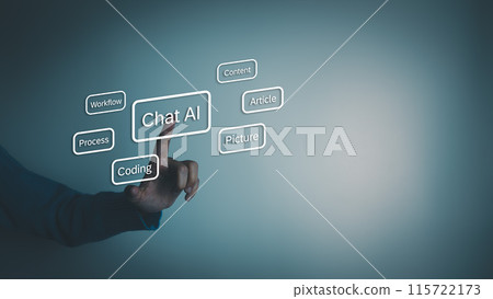 AI technology, Artificial Intelligence, Chatbot Chat and talk with AI, Using laptop for search and find data by command prompt, robot learning machine create or generate picture or article auto 115722173