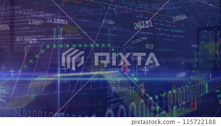Image of graphs and data processing on blue background 115722188