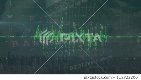 Image of green graph with cybercrime text and data processing over computer servers 115722200