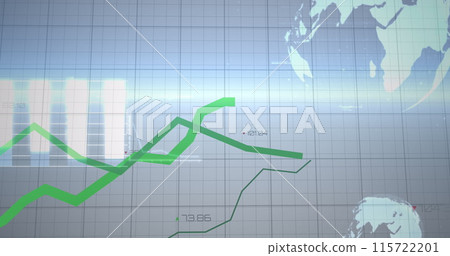 Image of globes, graphs and charts processing data on blue sky and horizon 115722201