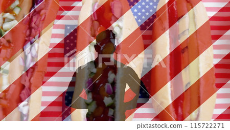 Image of white and red stripes and human silhouette over hot dogs 115722271