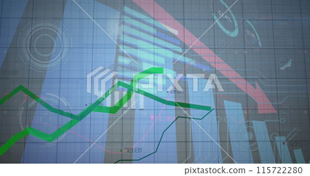 Image of red arrow, graphs and charts processing data on grey background Image of red arrow, graphs and charts processing data on grey background 115722280